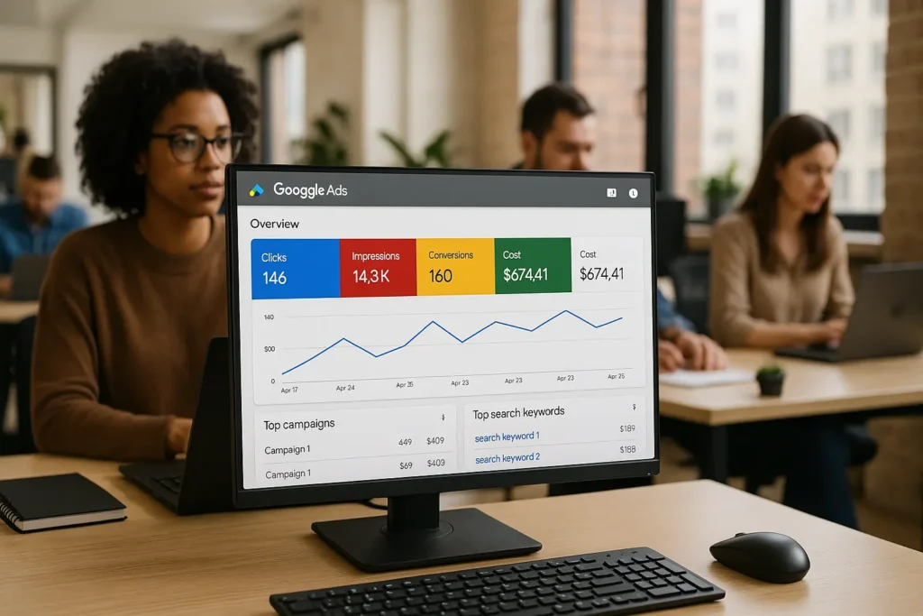 Dashboard of Google Ads Management in an real office where everyone is working