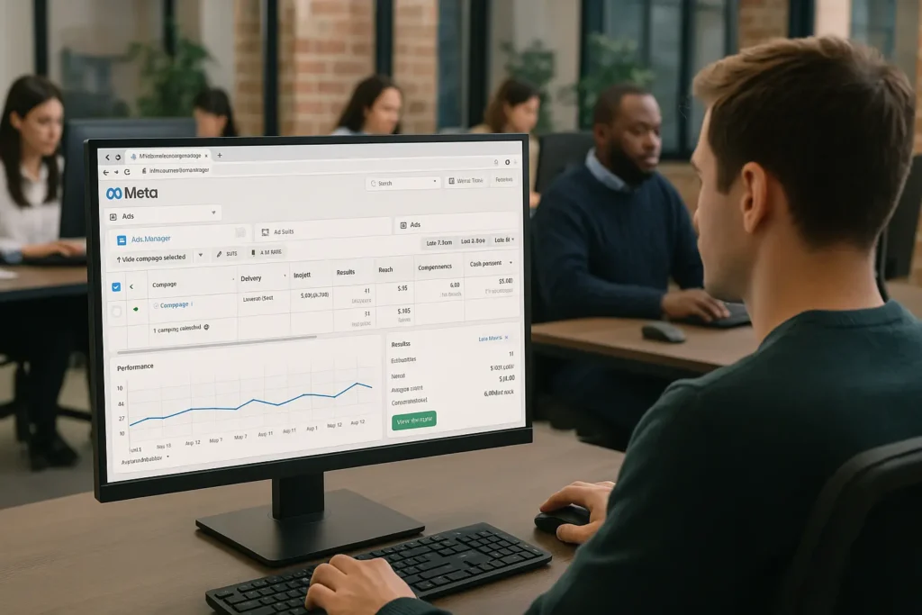 Dashboard of Facebook/Meta Ads Management in an real office where everyone is working